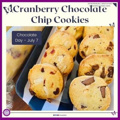 an image of white oblong cookie trays with Chocolate Chip Cranberry Cookies