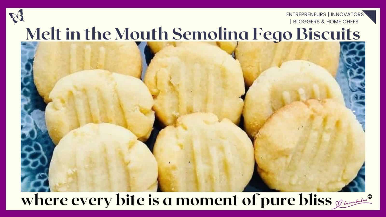 an image of a blue serving plate filled with round Semolina Fego Biscuits