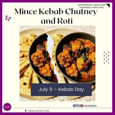 an image of a platter and cast iron pan with Mince Kebab Chutney and Roti