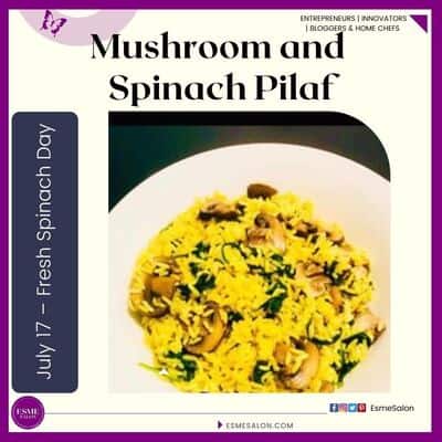 an image of a white bowl with Mushroom and Spinach Pilaf