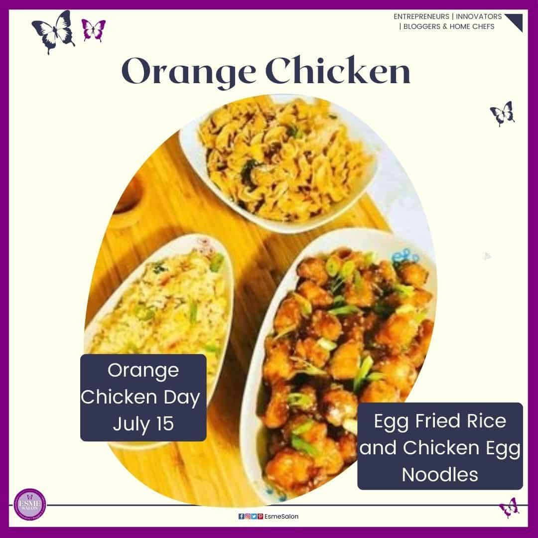 an image of three white dishes with Orange Chicken