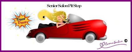 an image of a red sports car with a lady caricature going at Vroom Vroom high speed, Senior Salon Pit Stop Vroom Vroom Linkup