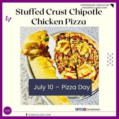 an image of a plate with Stuffed Crust Chipotle Chicken Pizza and cut up into slices