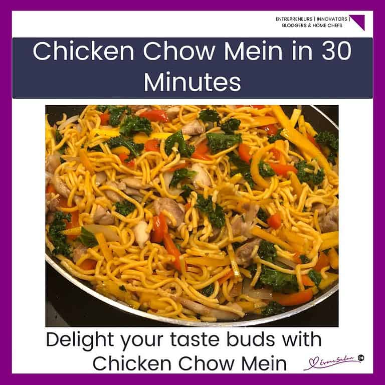 an image of a pan with Chicken Chow Mein  with unconventional ingredients, but super delicious 