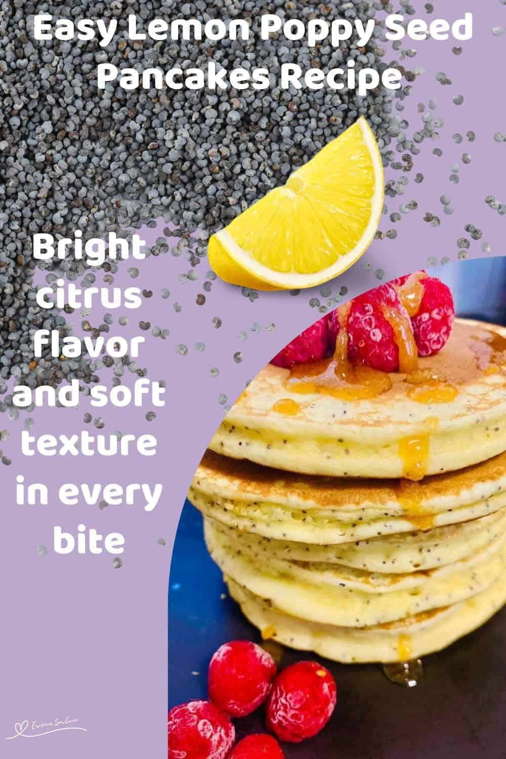 An image of a stack of Lemon Poppy Seed Pancakes with raspberries and syrup