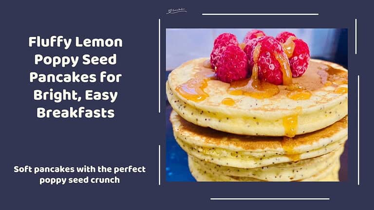 An image of a stack of Lemon Poppy Seed Pancakes with raspberries and syrup