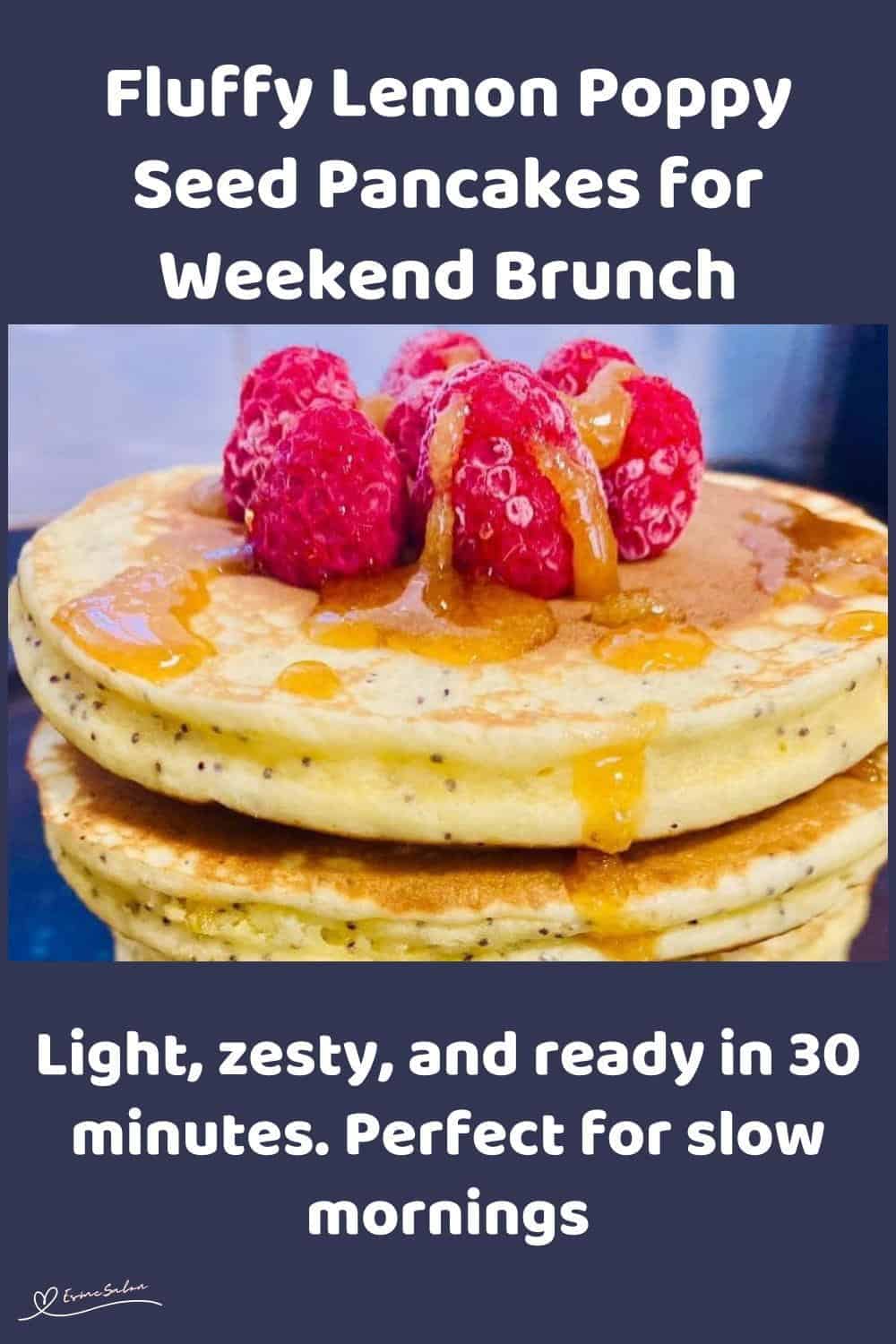 An image of a stack of Lemon Poppy Seed Pancakes with raspberries and syrup