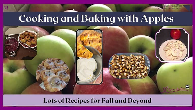 an image of apples in the background with various overlay images of apple dishes, like small apple tarts, apple dump cake etc.