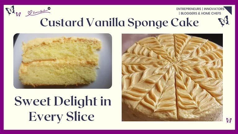 animage of a Custard Vanilla Sponge Cake decorated and cut into slices
