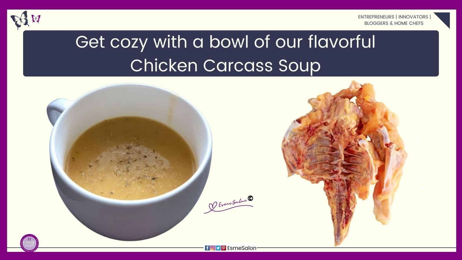 an image of a light blue/grayish soup bowl filled with Chicken Carcass Soup