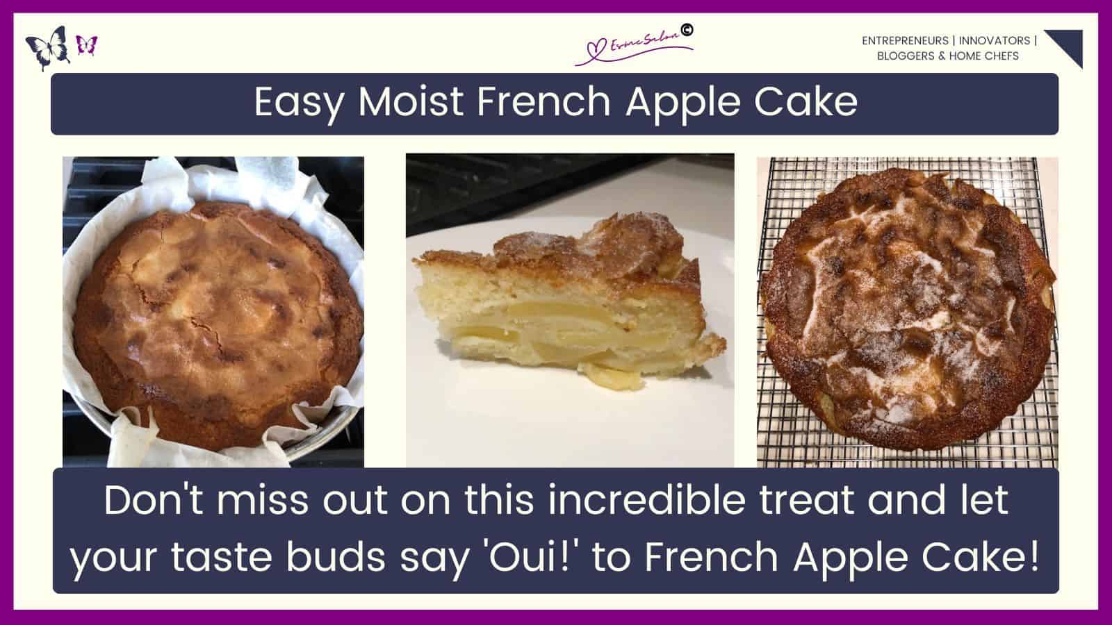 an image of a fully baked French Apple Cake with a sugar powder dusting