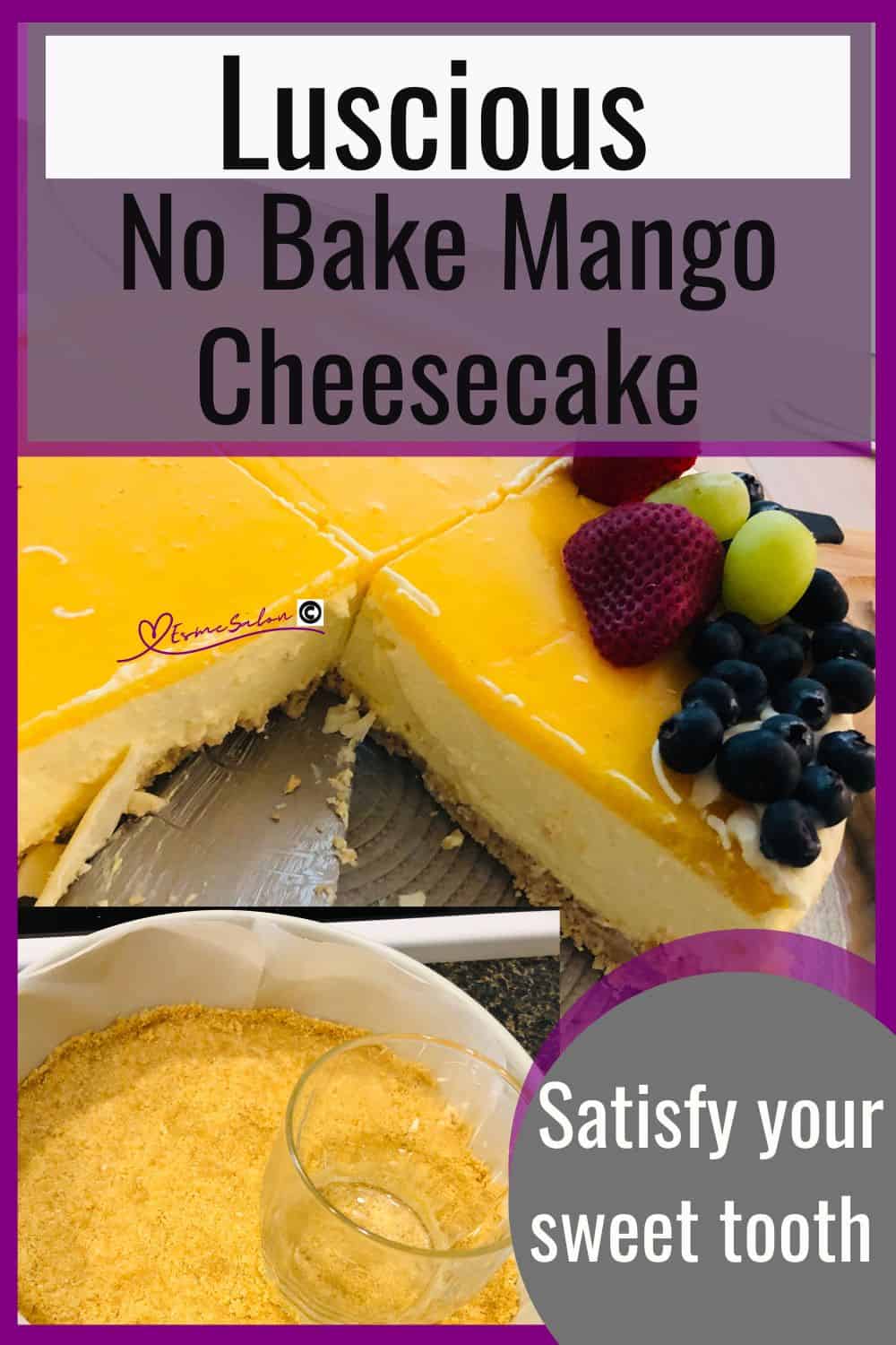 an image of a 9" No Bake Mango Cheesecake with berries, grapes and strawberry topping