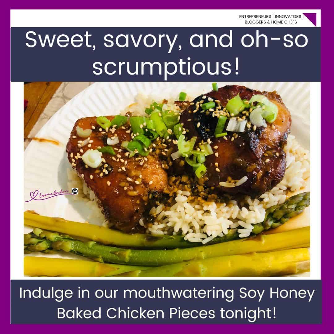 an image Soy Honey Baked Chicken thighs served on rice with asparagus on the side