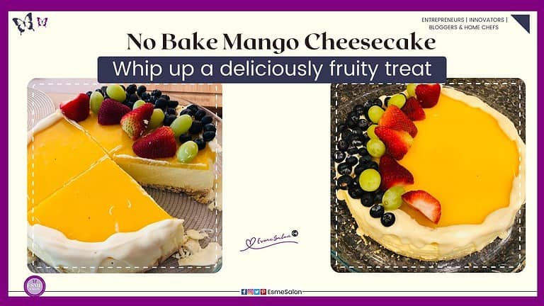 an image of a 9" No Bake Mango Cheesecake with berries, grapes and strawberry topping