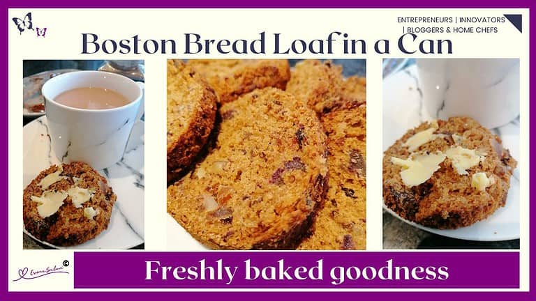 an image of Boston loaf slices with butter with a cup of tea