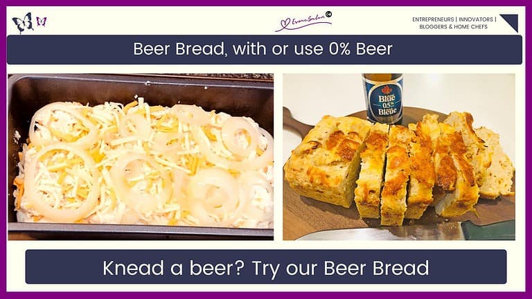an image of a loaf of sliced Beer Bread sliced and placed on a wooden board with a empty bottle of 0% alcohol beer in the background