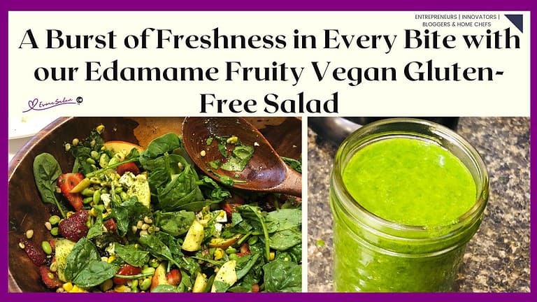 an image of a wooden salad bowl filled with Edamame Fruity Vegan Gluten-Free Salad