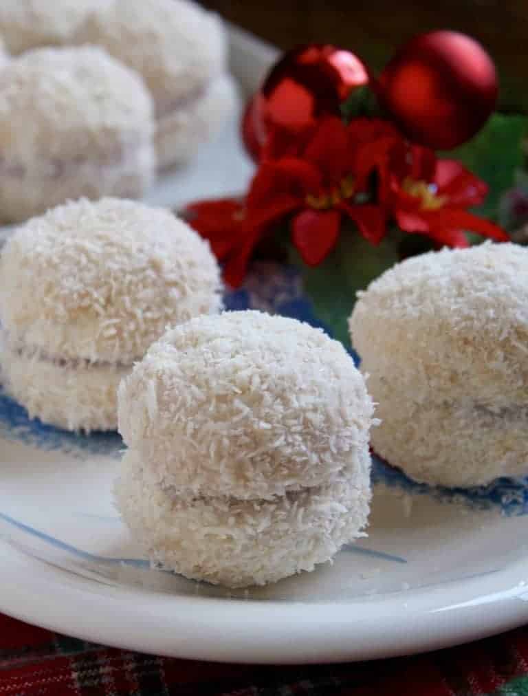 Scottish Snowballs (Raspberry Jam Sandwich Cookies Dipped in Coconut)
