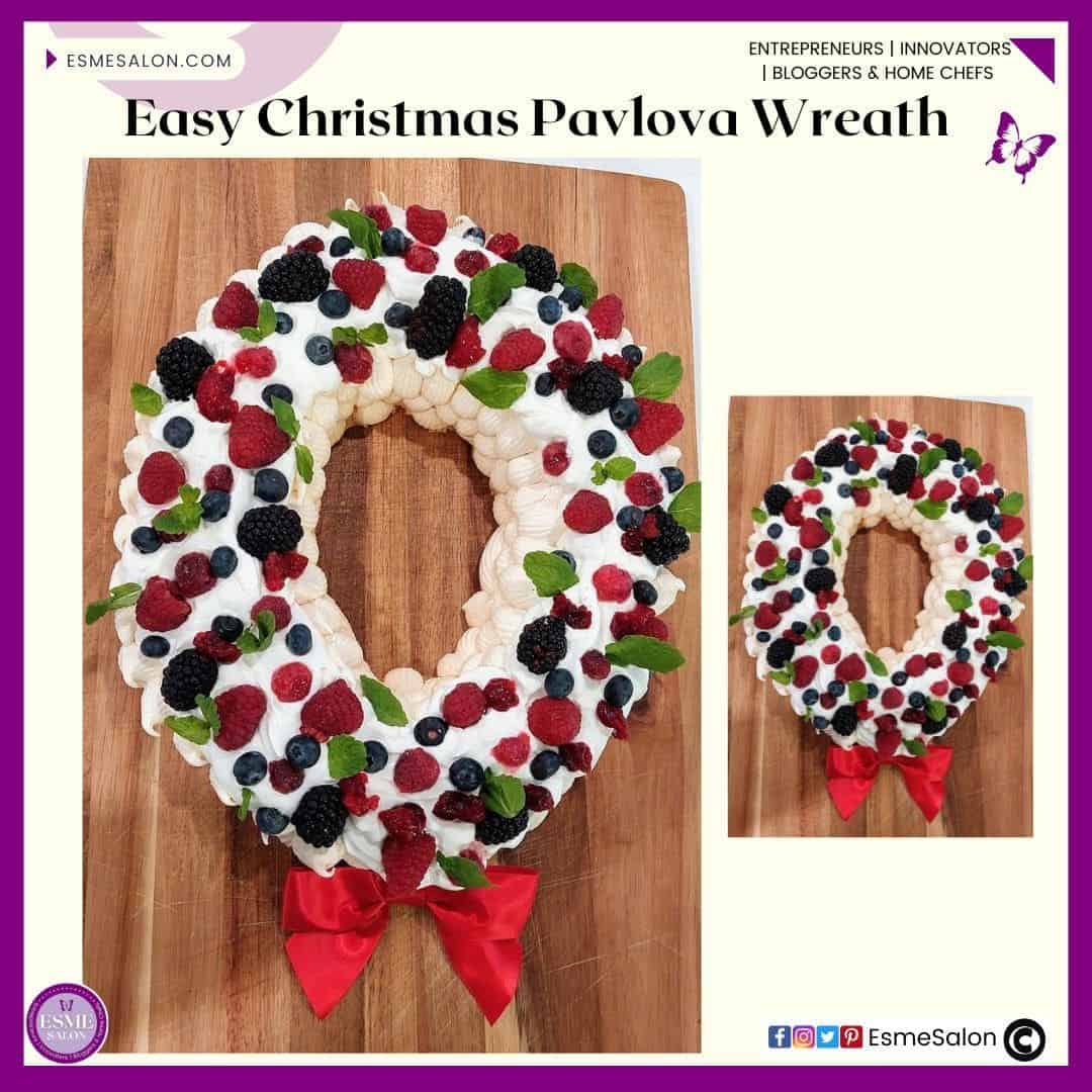 an image of a Christmas Pavlova Wreath with black, blue and raspberries