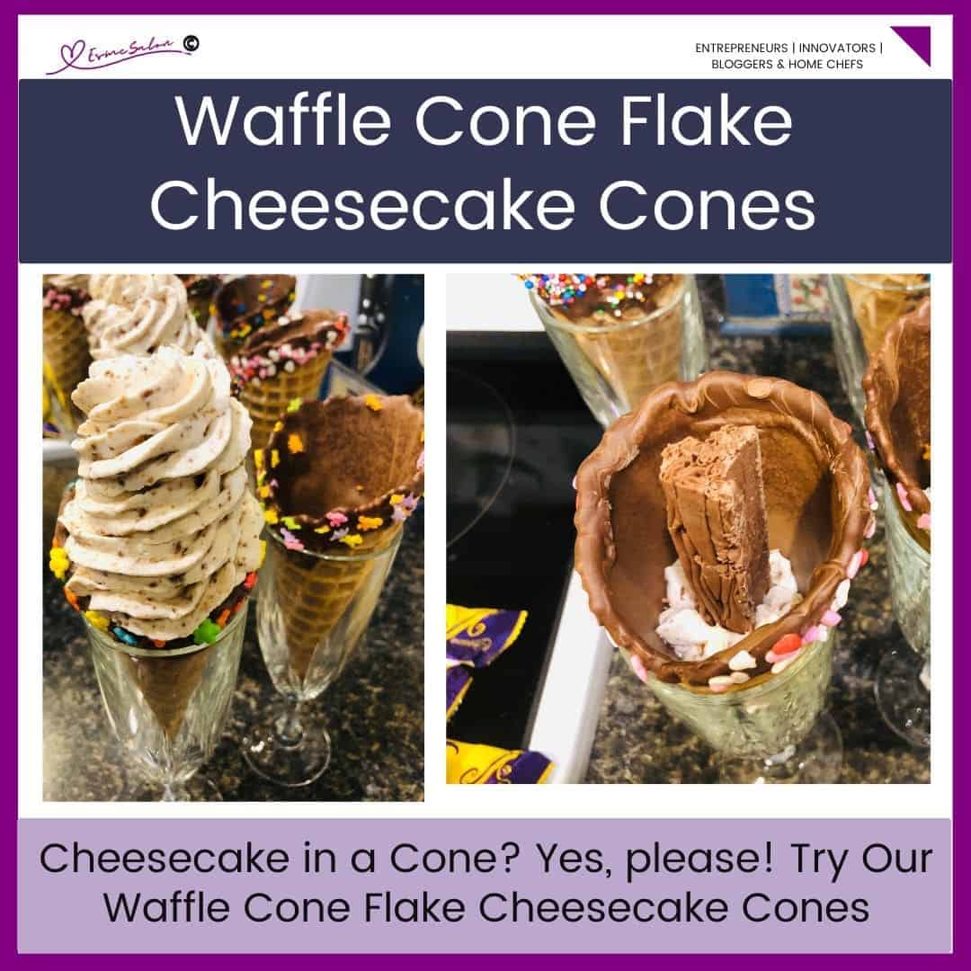 an image of a Waffle Cone covered with chocolate in the inside and filled with a cheesecake filling and Flake