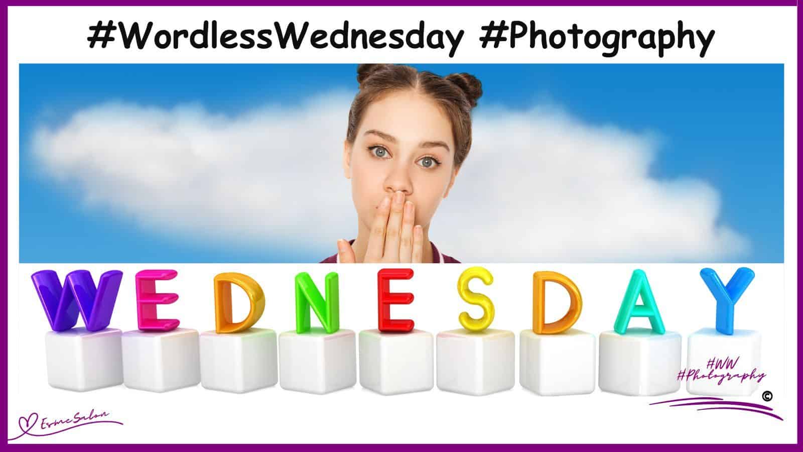 an image of a girl with her hand in front of her mouth and the word Wednesday in color below on a white cube