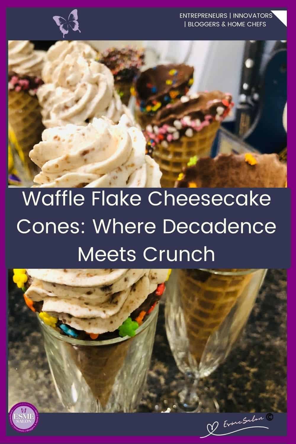 an image of a Waffle Cone covered with chocolate in the inside and filled with a cheesecake filling and Flake