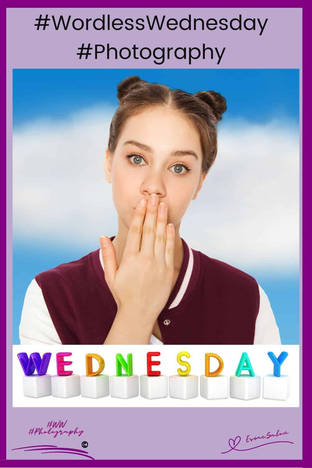 an image of a lady with her hand in front of her mouth and the word Wednesday below in color