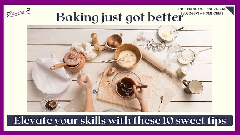 an image of various baking ingredients, and a lady mixing some jam in a measuring cup