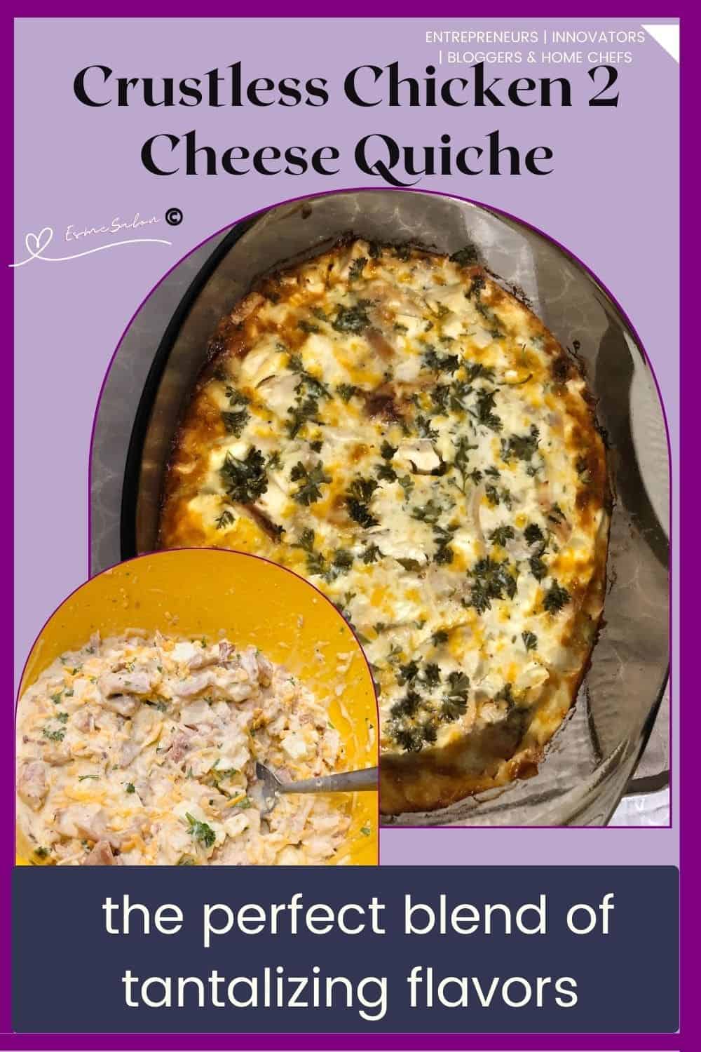 an image of a Crustless Chicken 2 Cheese Quiche in a brown casserole dish