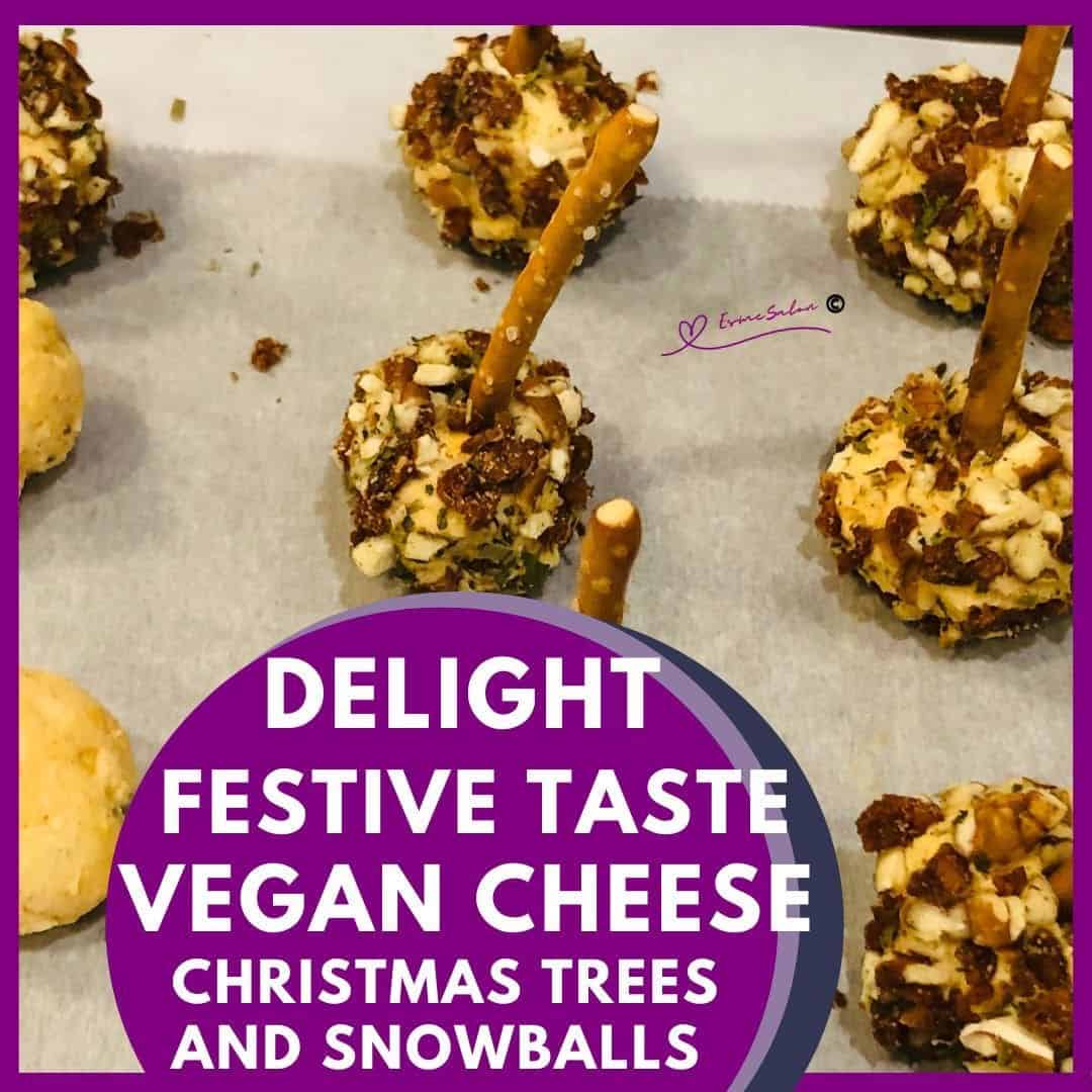 an image of Vegan Cheese Christmas Trees and Snowballs Bites covered with TVP Bacon Bits and a pretzel inserted as a skewer