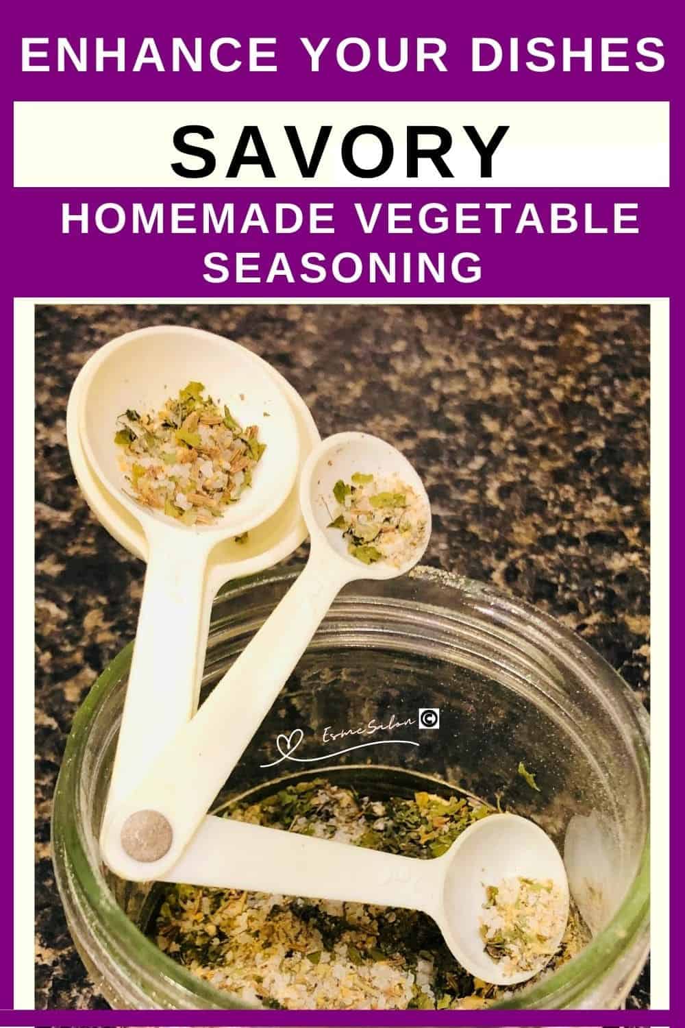 an image of a mason jar and measuring spoons with Homemade Vegetable Seasoning.