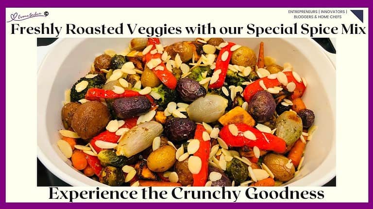 an image of a white ceramic dish filled with Roasted Vegetables with Homemade Vegetable Seasoning and topped with slivered almonds