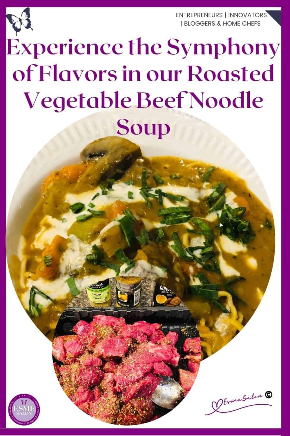 an image of a bowl of Roasted Vegetable Beef Noodle Soup decorated with cream and greens