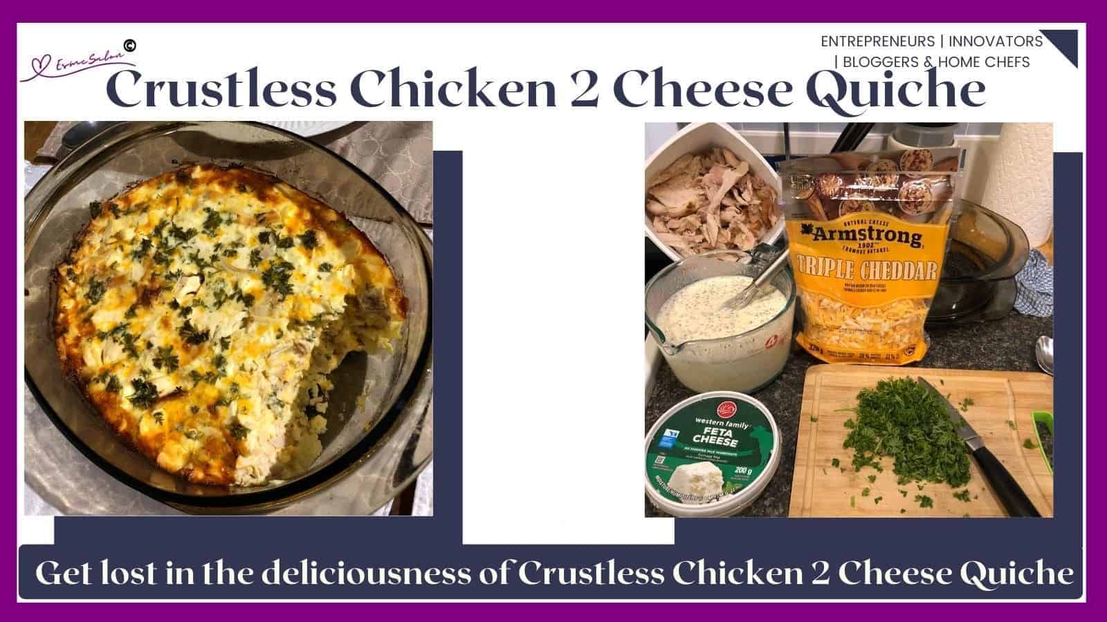 an image of a Crustless Chicken 2 Cheese Quiche in a brown casserole dish