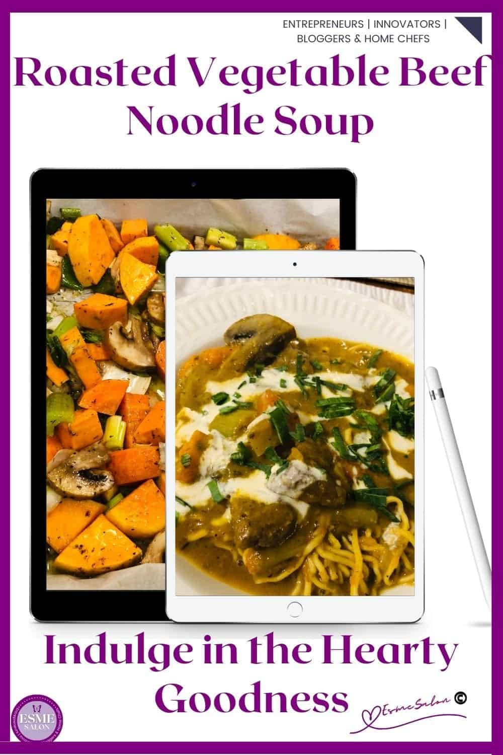 an image of a bowl of Roasted Vegetable Beef Noodle Soup decorated with cream and greens