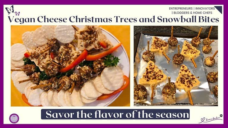 an image of Vegan Cheese Christmas Trees and Snowballs Bites covered with TVP Bacon Bits and a pretzel inserted as a skewer