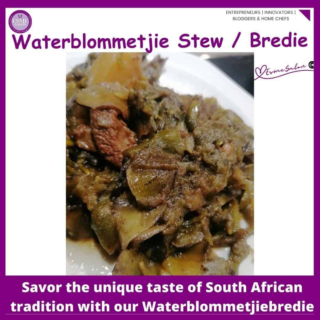 an image of a bowl filled with lamb meat and Waterblommetjie Stew / Bredie