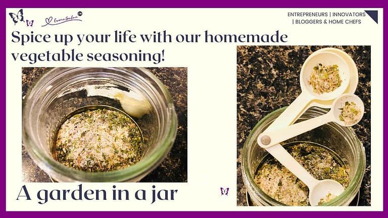 an image of a mason jar and measuring spoons with Homemade Vegetable Seasoning.