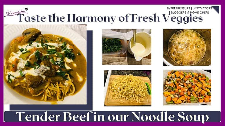 an image of a bowl of Roasted Vegetable Beef Noodle Soup decorated with cream and greens