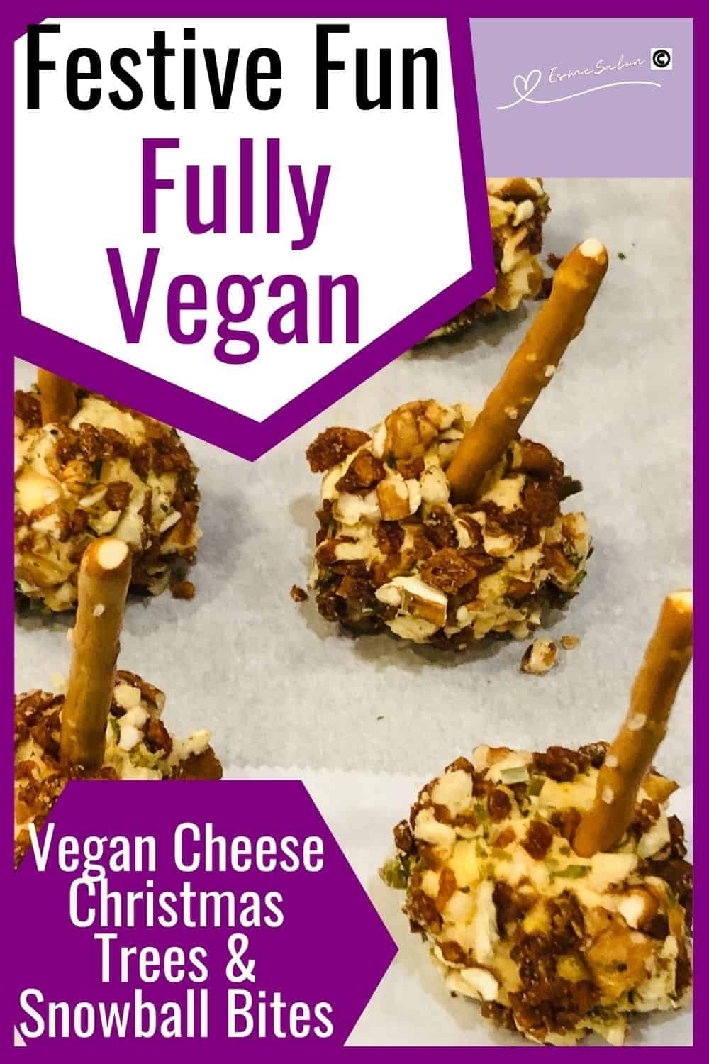 an image of Vegan Cheese Christmas Trees and Snowballs Bites covered with TVP Bacon Bits and a pretzel inserted as a skewer