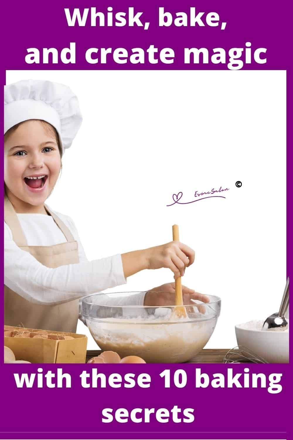 an image of a girl with a white chef hat busy mixing dough