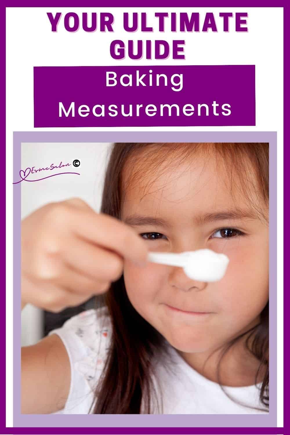 an image a a little girl squinting and measuring some flour in a white measuring cup