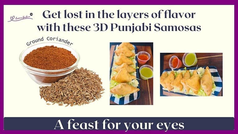 An image of 3D Punjabi Samosas on an oblong white and blue striped platter with two store-bought sauces and plated on lettuce