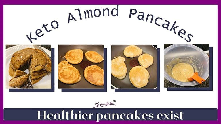 an image of a stack of Keto Almond Flour Pancakes with Almond nut butter spread over the top and others in the making