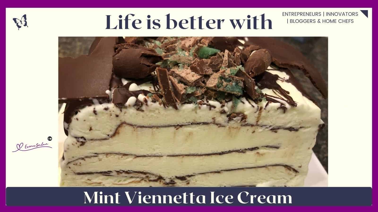an image of a sliced Mint Viennetta Ice Cream on a white platter topped with peppermint crisp and chocolate shards