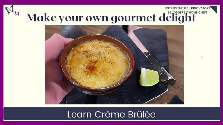 An image of a Crème Brûlée with caramelized crust in a brown ramekin dish