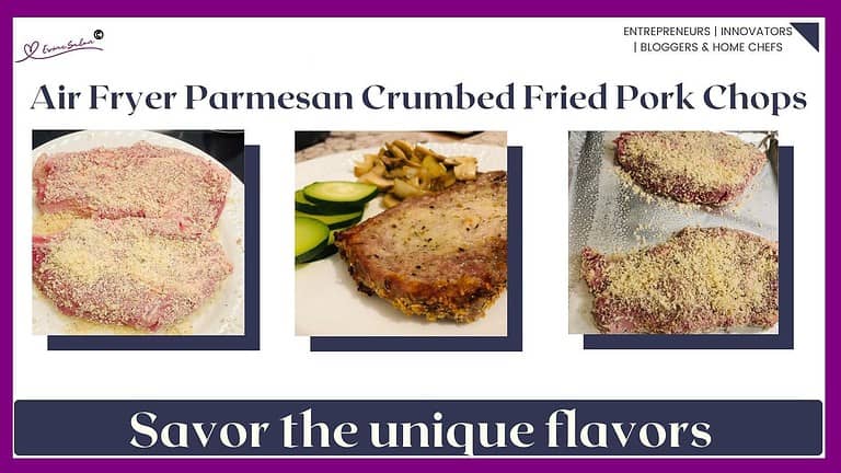 An image of Air Fryer Parmesan Crumbed Fried Pork Chops in the making and/or served mushrooms and courgette/zucchini