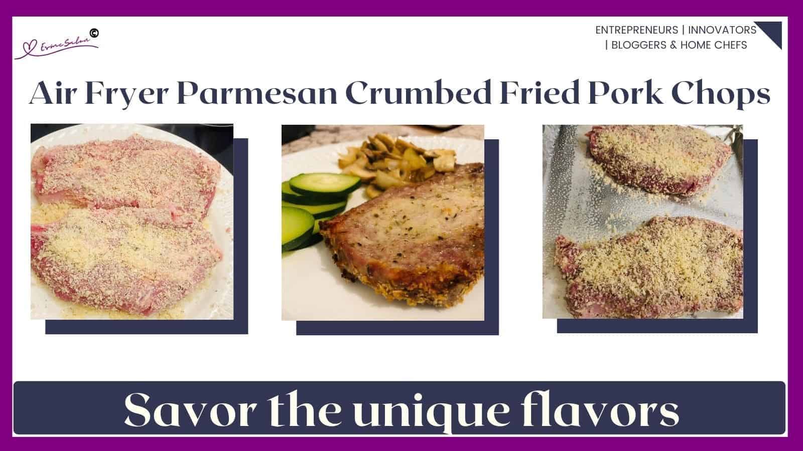 An image of Air Fryer Parmesan Crumbed Fried Pork Chops in the making and/or served mushrooms and courgette/zucchini