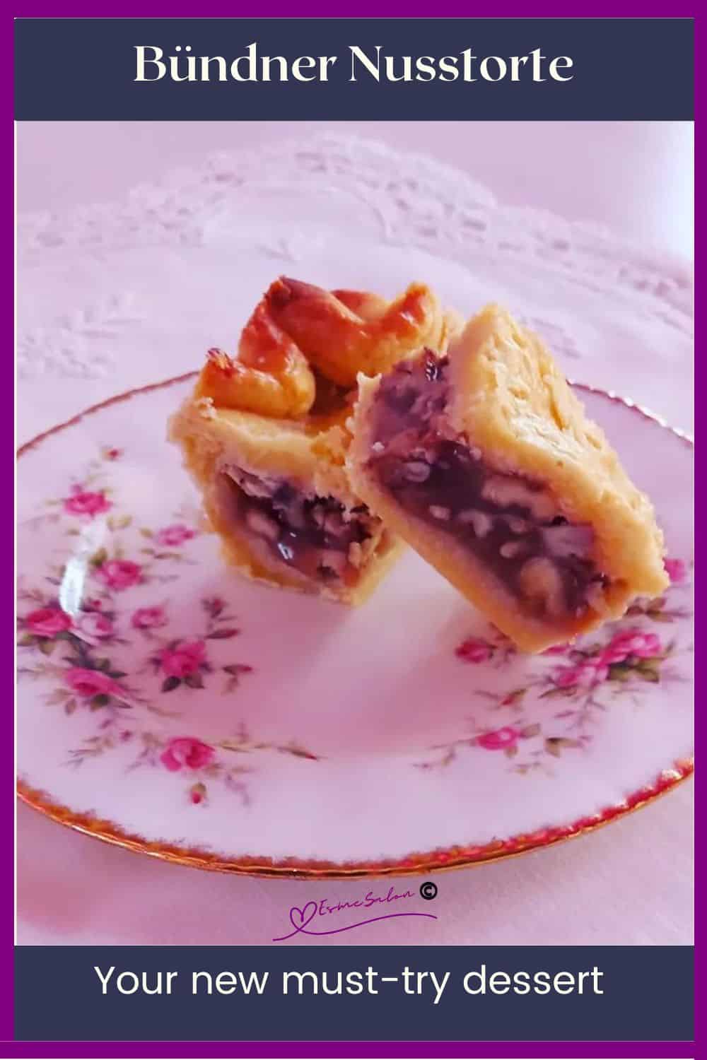 An image of a Swiss nut-filled pastry, Bündner Nusstorte served on a pretty side plate with pink flowers