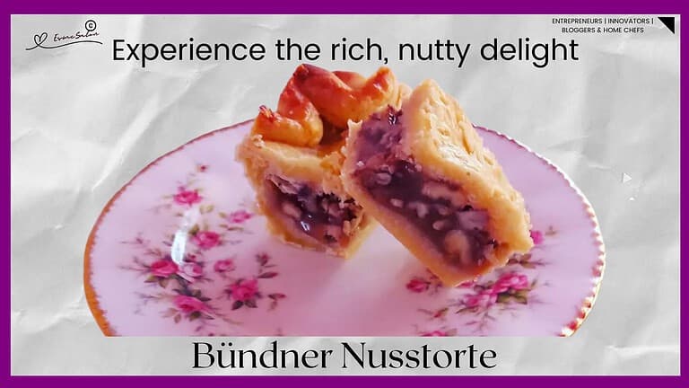 An image of a Swiss nut-filled pastry, Bündner Nusstorte served on a pretty side plate with pink flowers